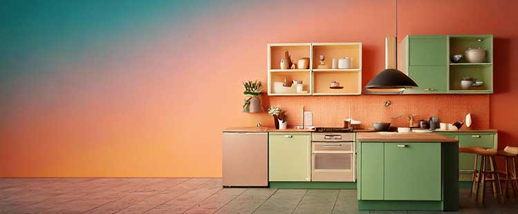 Stylish kitchen with green cabinets and a central island. A mix of open shelves and closed cupboards showcases dishes. A modern black pendant light hangs above. Background wall transitions from blue to orange.