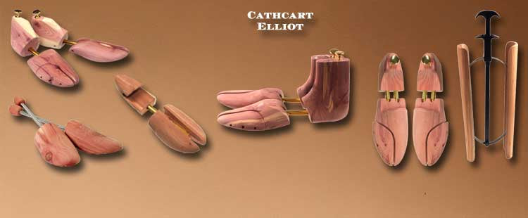 Go to the Wooden shoe trees and stretchers are displayed against a brown background. Various designs are present, including split toe and full toe models. The brand name Cathcart Elliot is featured above the items. collection