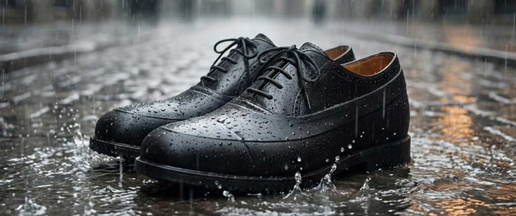 Rubber galoshes on dress shoes in pouring rain and puddles