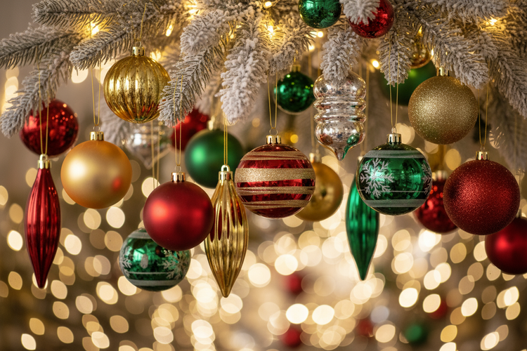 Christmas ornaments and pine branches frame a frosted rectangular border with gold, red, and white decorations. The background is golden with bokeh lights and falling snowflakes.