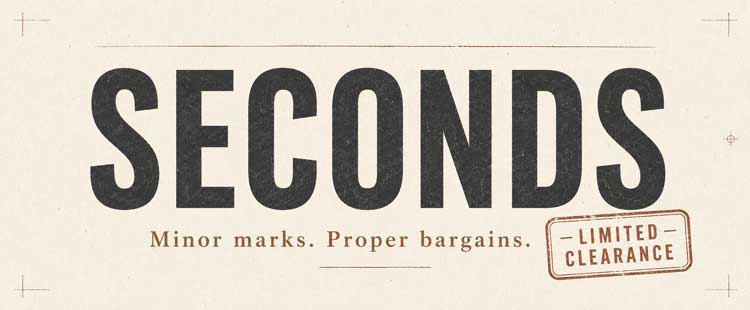 Text reads: “SECONDS. Minor marks. Proper bargains.” A red stamp to the right says, “LIMITED CLEARANCE.” The design has a vintage, sale advertisement feel.