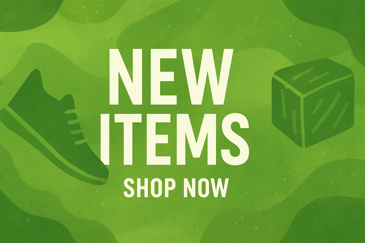 Green graphic with “NEW ITEMS SHOP NOW” in bold white letters, featuring a sneaker silhouette on the left and a cube shape on the right. Wavy lighter and darker green background.