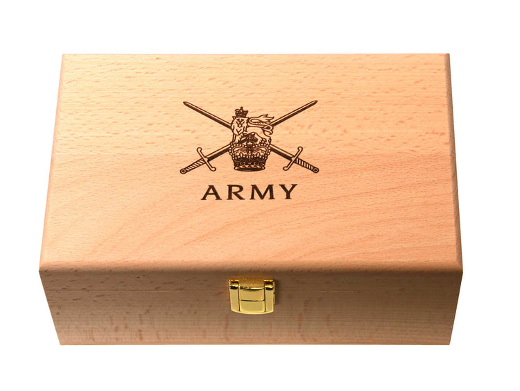 A wooden box with a gold latch, featuring an engraved animal head and the text SARAHS SECRET CHOCOLATE STASH on the lid, placed on a gradient background.