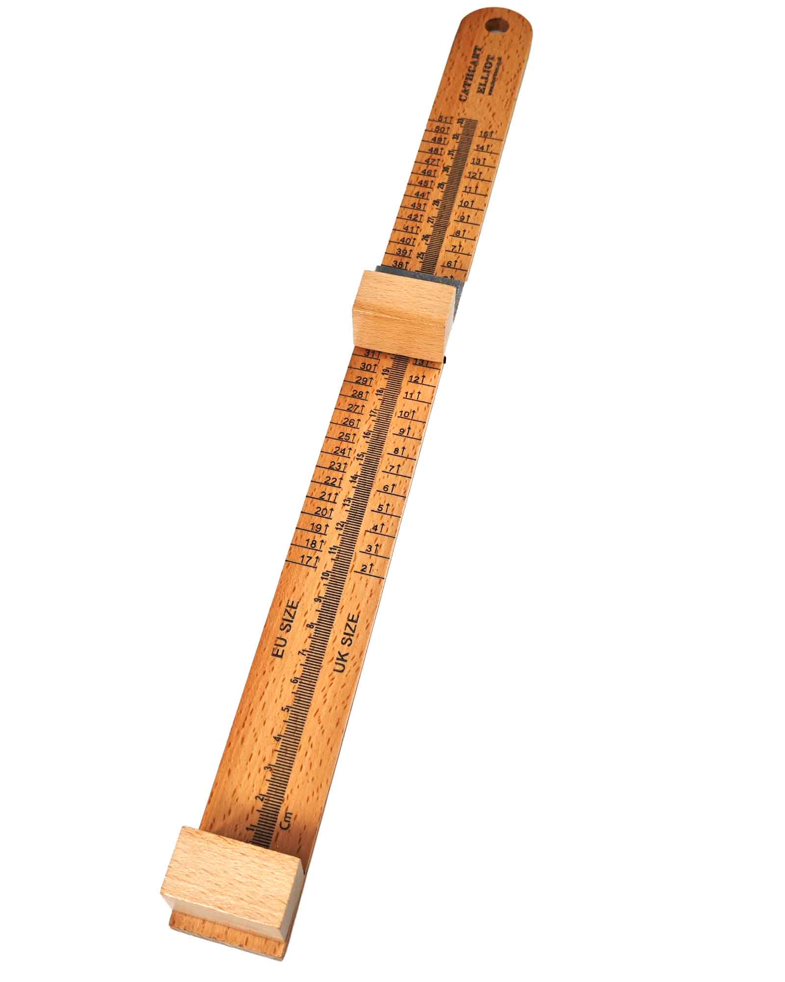 The Cathcart Elliot Premium wood foot sizer ruler measure device has two adjustable sliders and a built-in EU and UK shoe size chart to easily determine foot length and matching sizes.