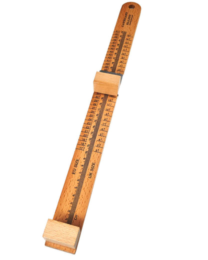 The Cathcart Elliot Premium wood foot sizer ruler measure device has two adjustable sliders and a built-in EU and UK shoe size chart to easily determine foot length and matching sizes.