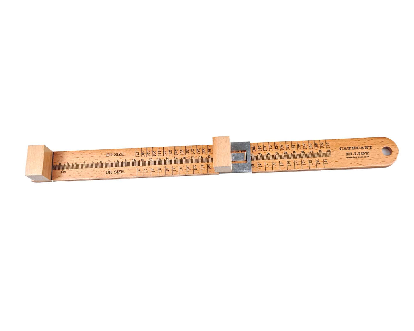 The Cathcart Elliot Premium wood foot sizer ruler measure device for EU and UK sizes features a metal sliding gauge and size charts, with CATHCART ELLIOT printed on the handle.