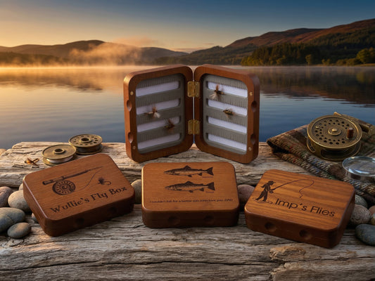 Three Cathcart Elliot Personalised Wood Fishing Fly Boxes for Salmon/Trout rest on a log by a serene lake at sunrise—ideal tackle boxes, featuring fishing flies and the perfect backdrop for fishing enthusiasts.
