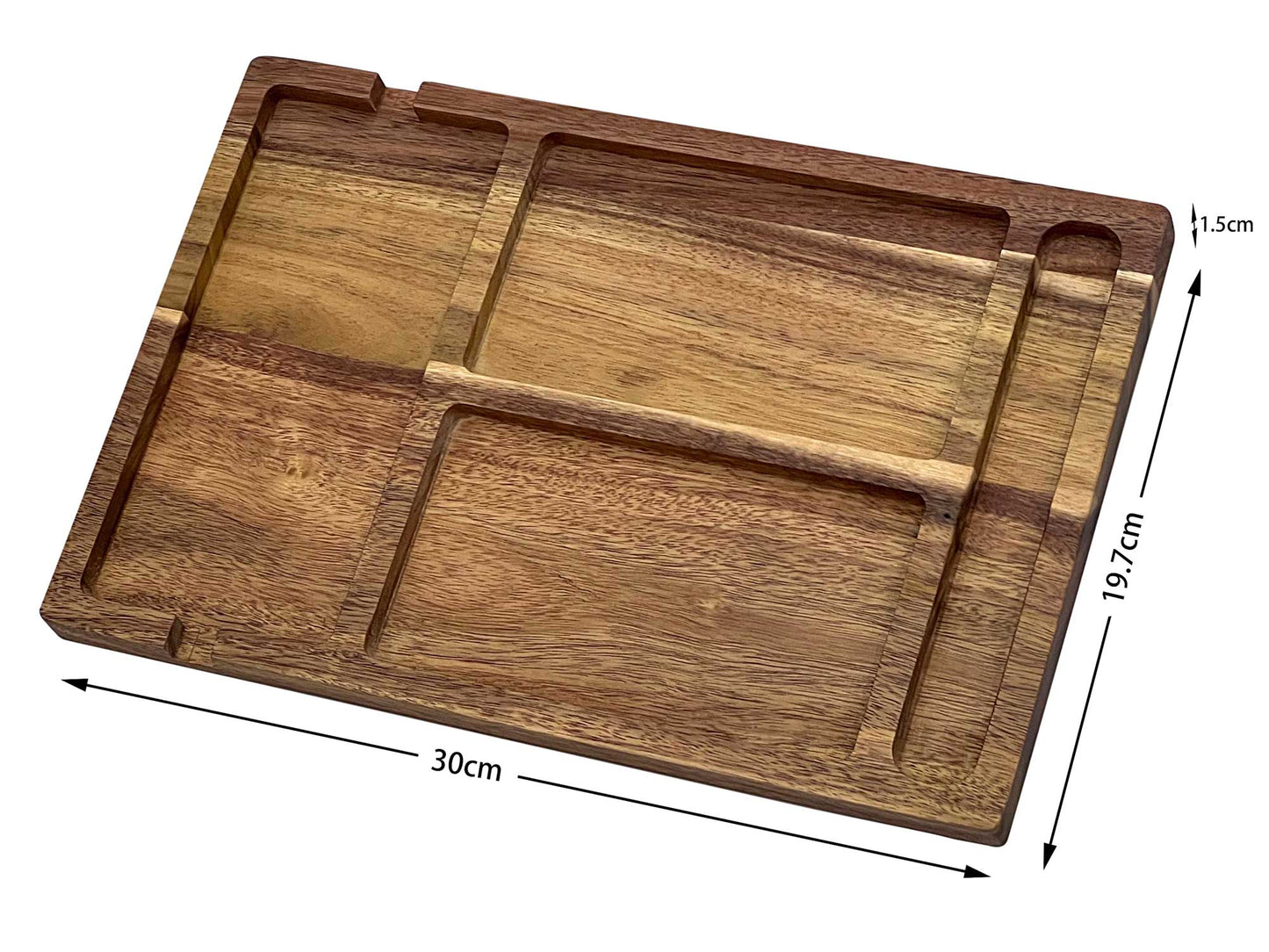 The Cathcart Elliot Personalised Acacia Wood Valet Tray for Men is a rectangular bedside organiser (30cm x 19.7cm x 1.5cm) with multiple compartments, natural finish, and visible grain—ideal for phone, wallet, keys, and watch.