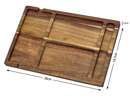 The Cathcart Elliot Personalised Acacia Wood Valet Tray for Men is a rectangular bedside organiser (30cm x 19.7cm x 1.5cm) with multiple compartments, natural finish, and visible grain—ideal for phone, wallet, keys, and watch.