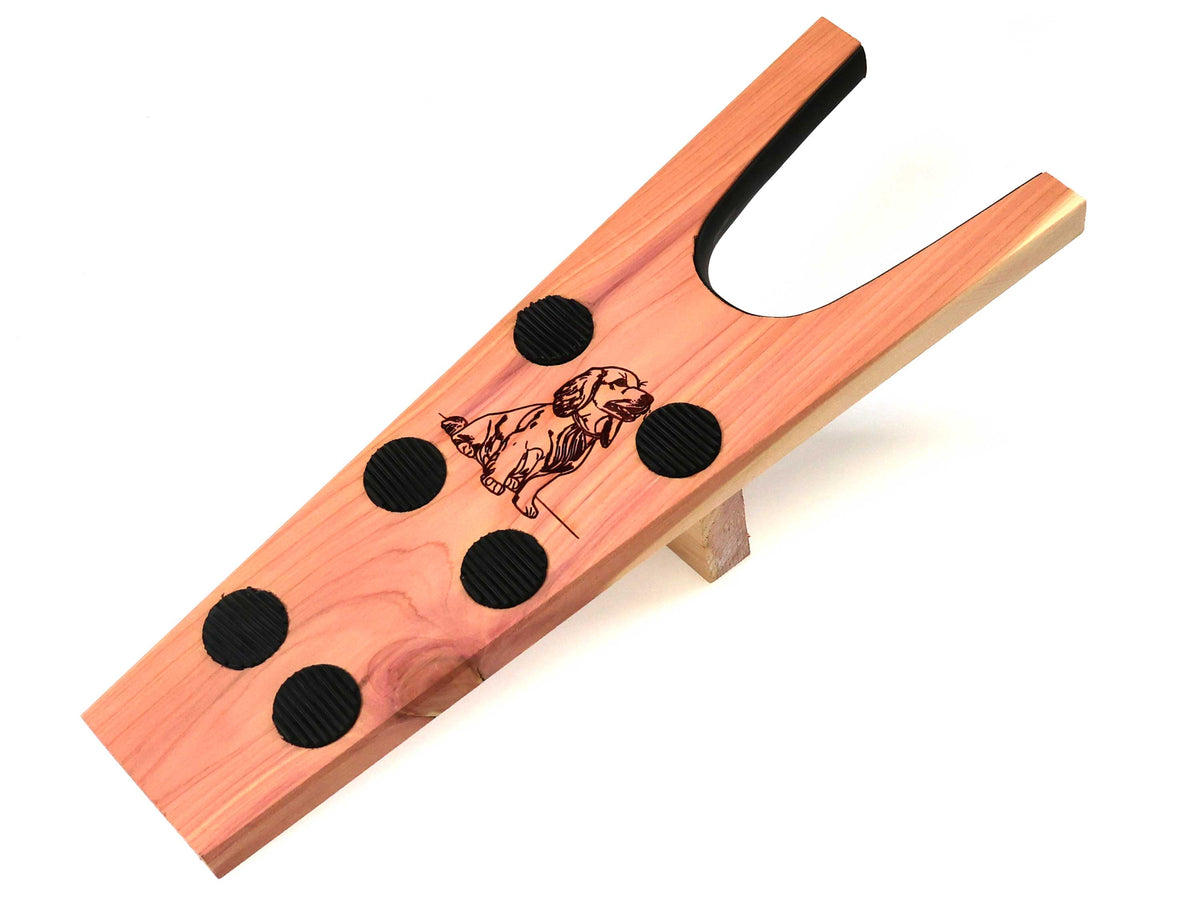 Personalised Spaniel Engraved cedar wood boot jack 18mm thick with six black rubber grip pads.