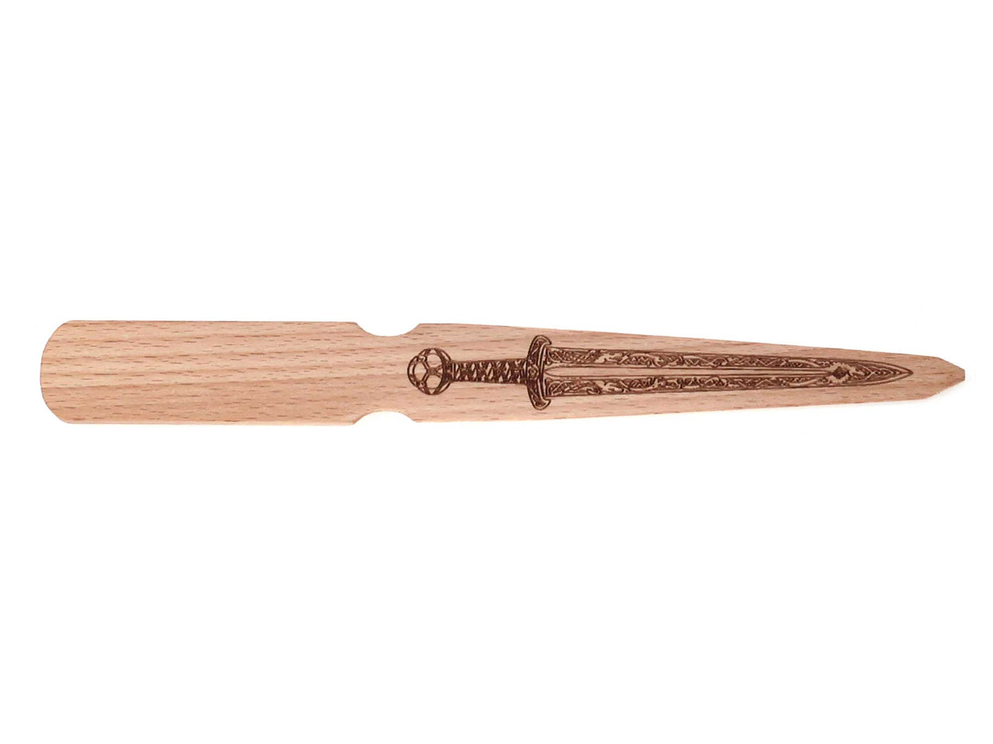 wooden letter opener with viking sword design