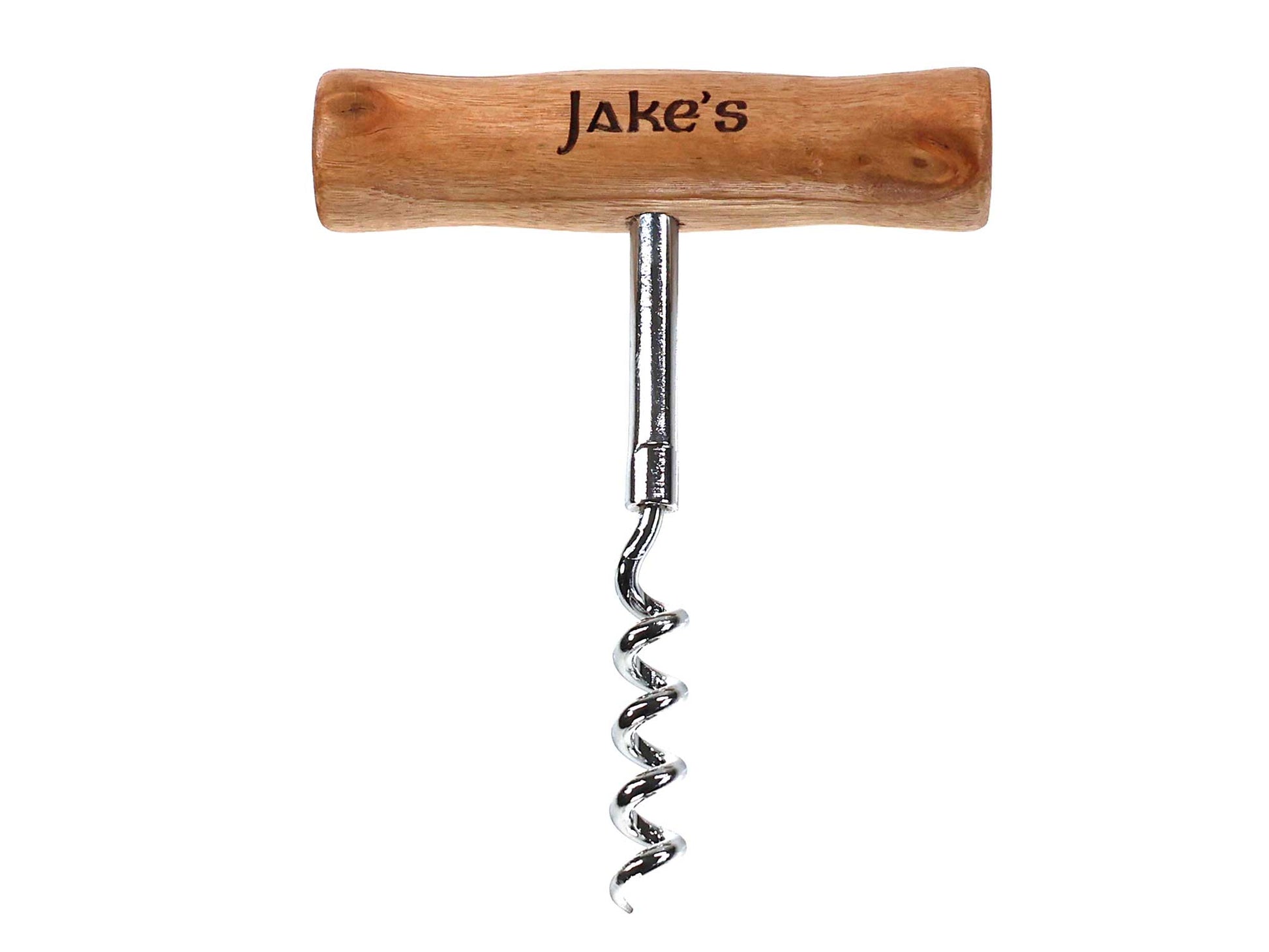 The Cathcart Elliot Personalised T Handle Corkscrew | Wooden Wine Opener features a custom wooden handle and metal spiral, shown labelled “Jake's” against a white background.