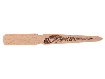Wood letter opener with ink pot and feather design