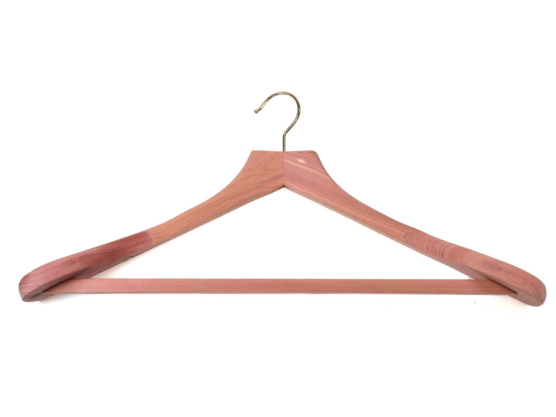 The Personalisable 48cm cedar wood suit and jacket hanger by Cathcart Elliot features a natural finish, gold metal hook, broad curved shoulders, and a horizontal bar for pants.