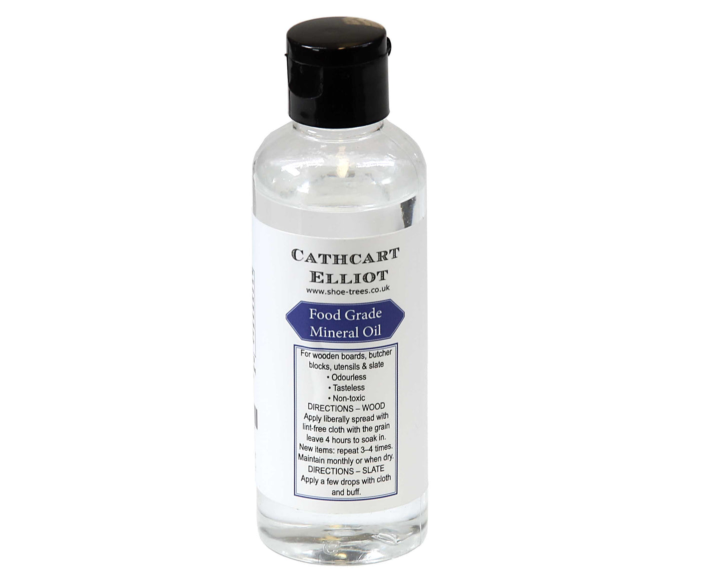 A clear plastic bottle with a black cap labeled Cathcart Elliot 100ml Cutting Board Oil Food Safe Mineral Oil, designed as a wood conditioner for boards, butcher blocks, utensils, and slate, with usage directions on the front label.