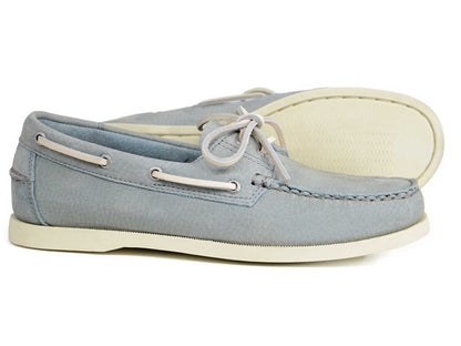 The Orca Bay Sandusky Ladies Pale Grey Nubuck Deck Shoes feature white soles and laces, moccasin-style stitching, side lace details, and washable nubuck, shown against a white background.