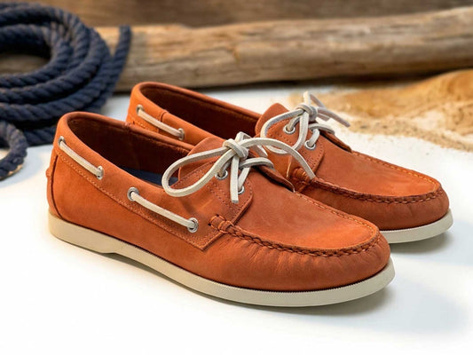 A pair of Orca Bay Ladies Sandusky Orange Nubuck Boat Shoes with white soles and light gray laces are displayed on a white surface, with nautical rope and wooden pieces in the background.