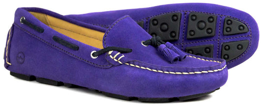 Orca Bay Sicily Violet Purple Suede Ladies Tassel Loafer: premium suede moccasins with black rubber studded soles, white stitching, black laces—one shown flat, the other displays its sole. Brand: Orca Bay.