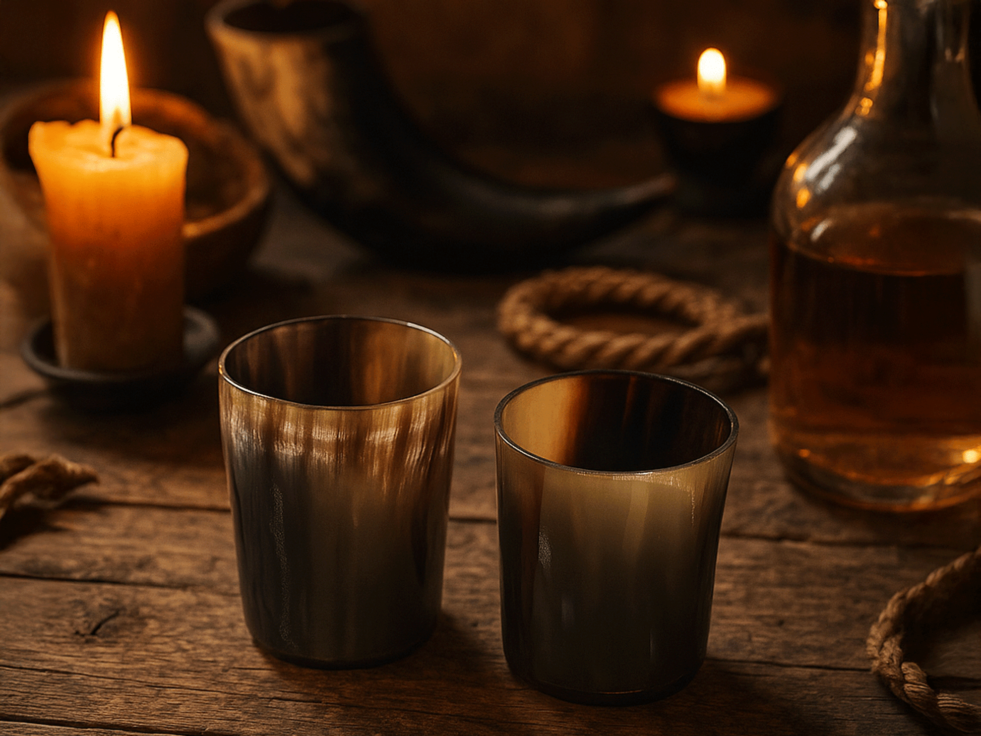 Two Cathcart Elliot Personalised Real Horn Cup Shot Glasses (3 inches tall) rest on a rustic wooden table with a lit candle, rope, drinking horn, and glass bottle of amber liquid, evoking a warm medieval ambiance.
