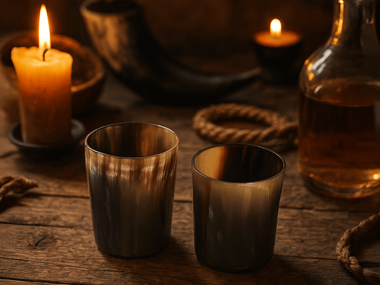 Two Cathcart Elliot Personalised Real Horn Cup Shot Glasses (3 inches tall) rest on a rustic wooden table with a lit candle, rope, drinking horn, and glass bottle of amber liquid, evoking a warm medieval ambiance.
