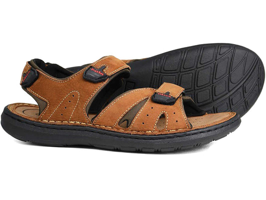 The Orca Bay Tresco Brown Leather 3-Strap Sandals feature a PU sole, adjustable straps, and visible stitching. One sandal stands upright, while the other is tilted to reveal the sole's textured pattern.