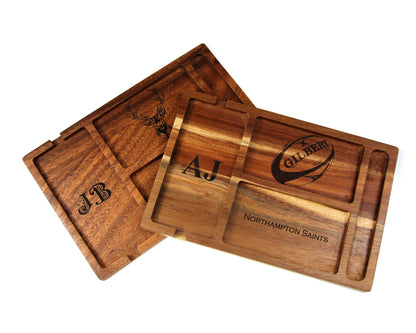 Personalised Walnut Wood Valet Tray for Men – Bedside Catchall Organiser for Phone, Wallet, Keys, Watch