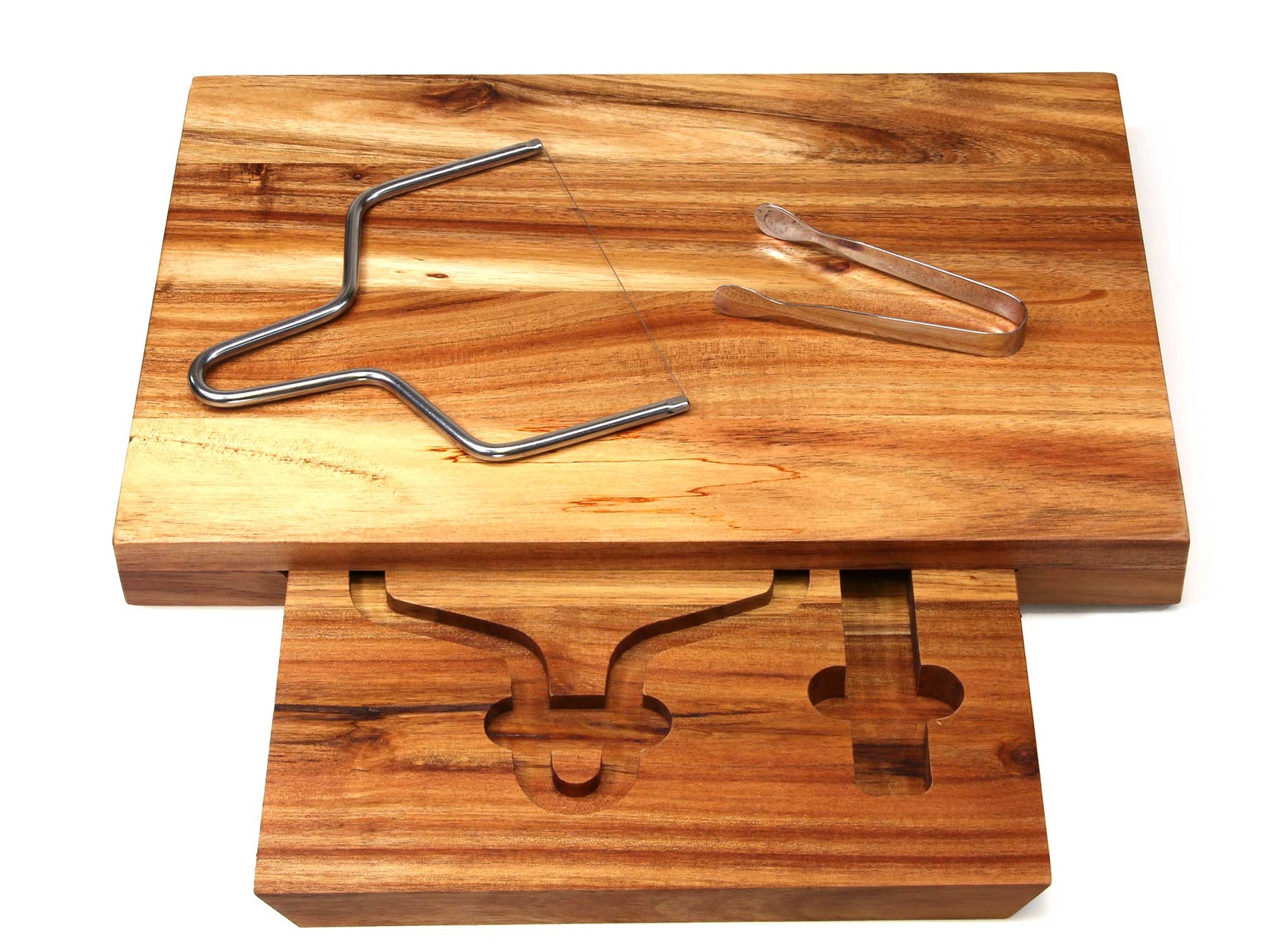 The **SECOND** Cathcart Elliot personalisable rustic large Acacia wood cheeseboard wire cutter set (36cm x 24cm) makes a perfect gift, featuring a secure metal slicer with grooves and a pull-out tray with storage cutouts.