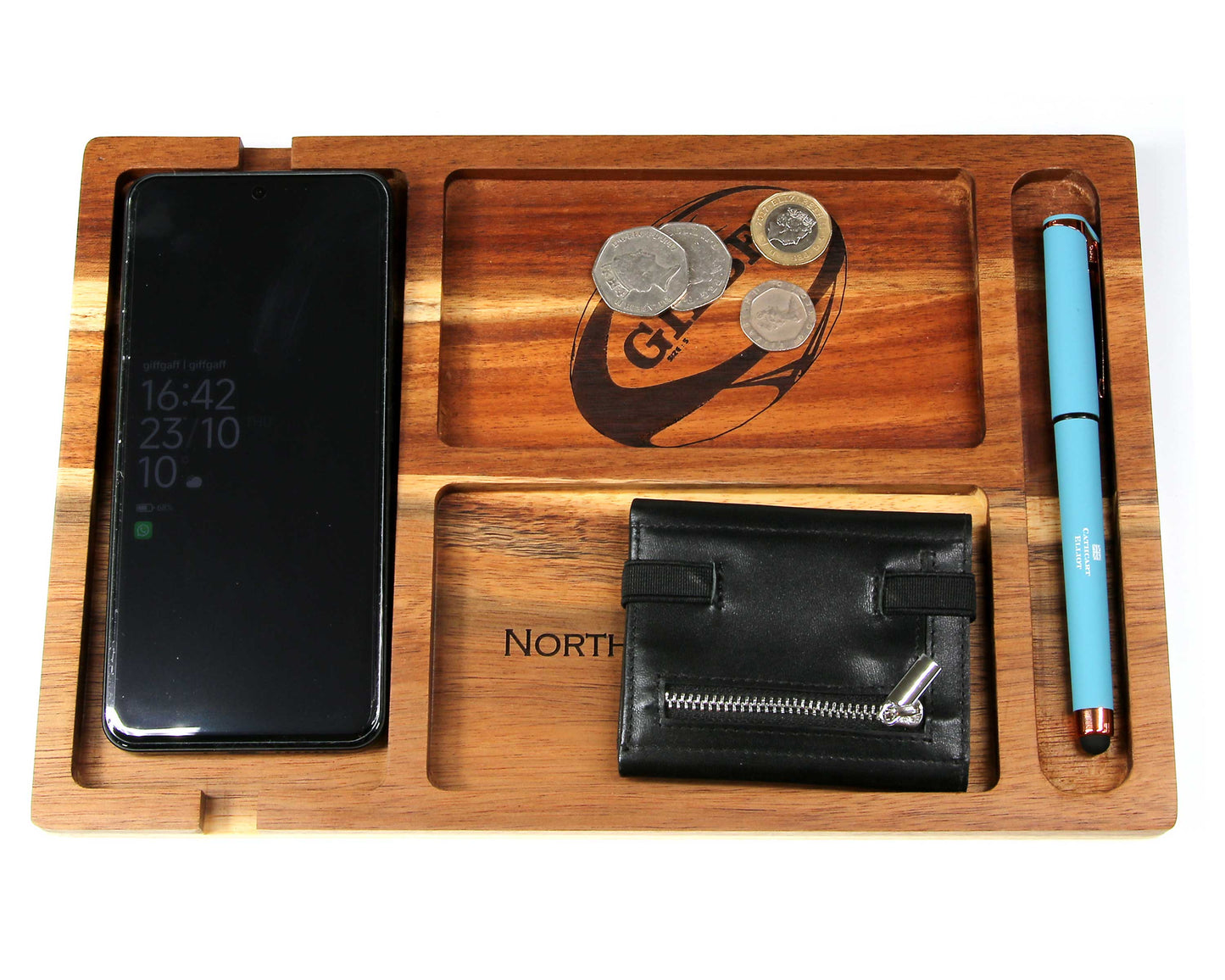 Personalised Acacia Wood Valet Tray for Men – Bedside Catchall Organiser for Phone, Wallet, Keys, Watch