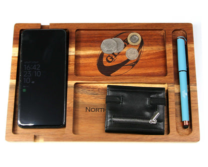 Personalised Acacia Wood Valet Tray for Men – Bedside Catchall Organiser for Phone, Wallet, Keys, Watch