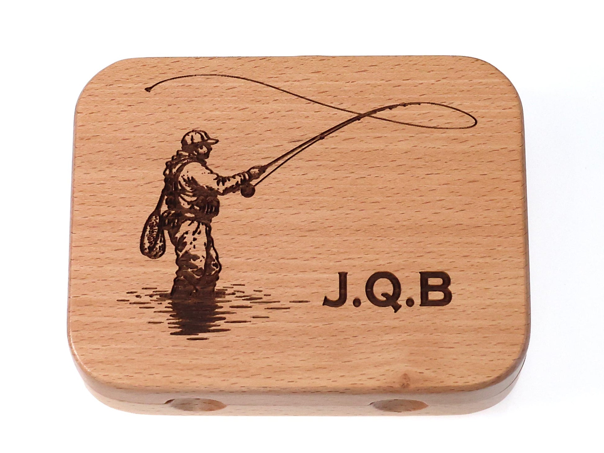 The Cathcart Elliot Personalised Beech Wood Fishing Fly Box Salmon / Trout Tackle Box is expertly engraved with a fly fishing scene and the initials J.Q.B beneath the image—an ideal gift for anyone passionate about salmon and trout fishing.