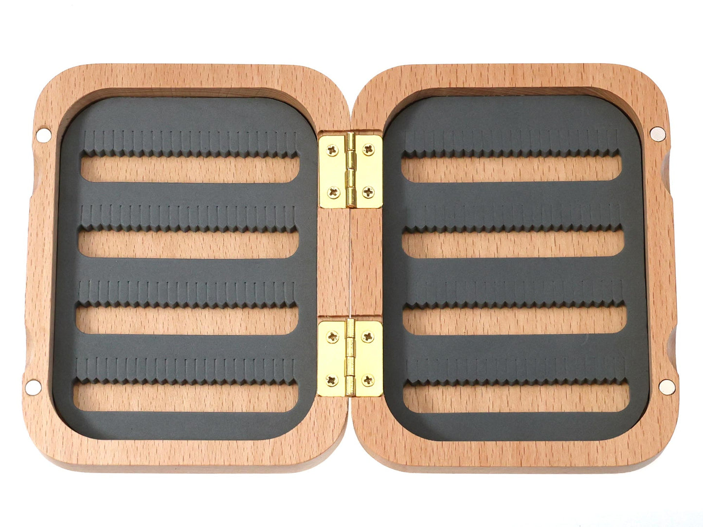 A Cathcart Elliot Personalised Beech Wood Fishing Fly Box for Salmon and Trout features a rectangular, hinged design crafted from beech wood with gold-colored metal hinges. Viewed from above, the box reveals parallel black grooved inserts perfect for organising flies, making it an ideal tackle box for fly fishing enthusiasts.