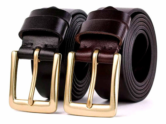 Two Cathcart Elliot Mens Dark Brown Leather Belts, each with a gold rectangular buckle and 7 holes, side by side on white. Available in medium and large sizes; perfect as a classic accessory.