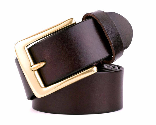 The Cathcart Elliot Mens Dark Brown Leather Belt, 3.8cm wide with a shiny gold rectangular buckle, is shown rolled up against a white background.