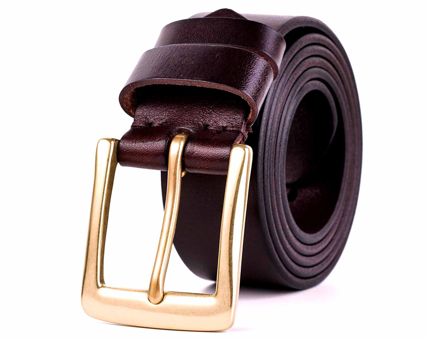 The Cathcart Elliot Mens Dark Brown Leather Belt, 3.8cm wide with a shiny gold rectangular buckle, is shown rolled up on a white background.