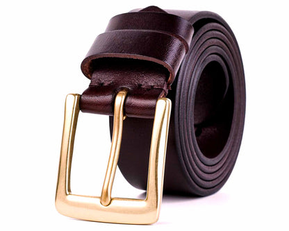 The Cathcart Elliot Mens Dark Brown Leather Belt, 3.8cm wide with a shiny gold rectangular buckle, is shown rolled up on a white background.