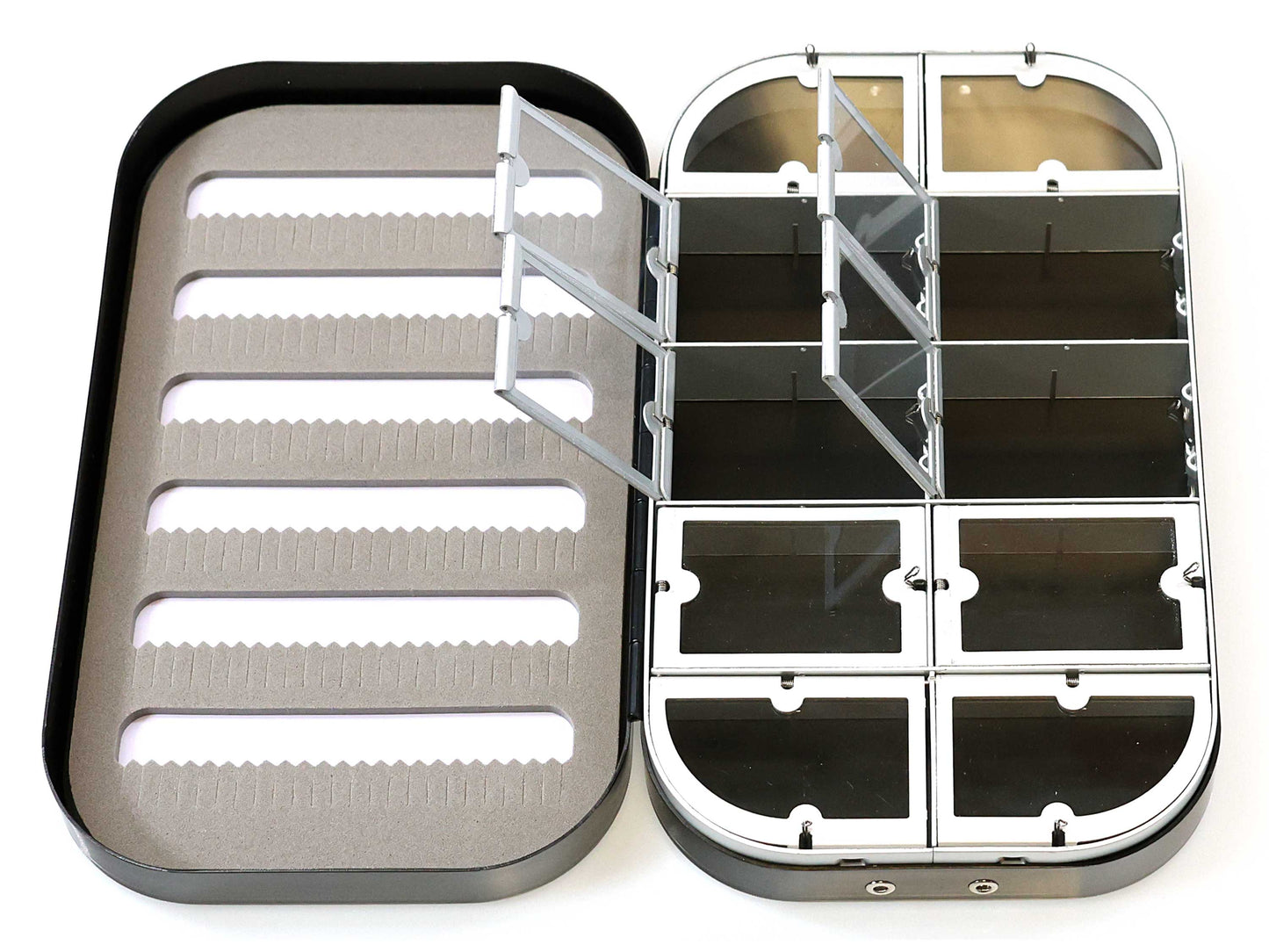 The Cathcart Elliot Personalised Black Aluminium Fly Box for Dry & Wet Flies features foam slots and clear compartments with hinged lids—an engraved fishing gift perfect for fly fishers.