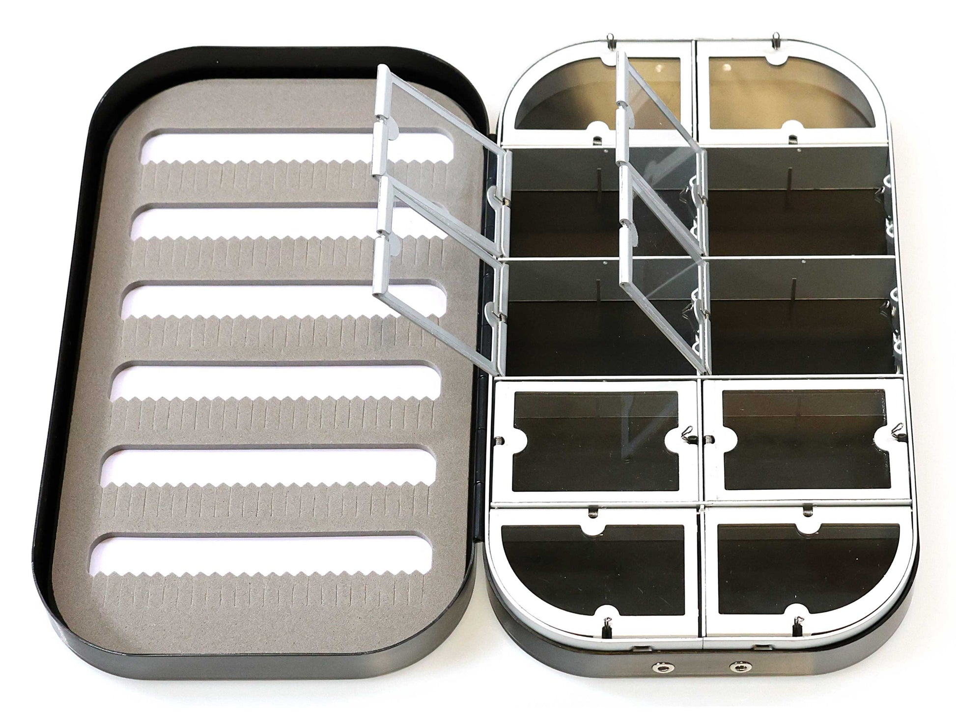 The Cathcart Elliot Personalised Black Aluminium Fly Box for Dry & Wet Flies features foam slots and clear compartments with hinged lids—an engraved fishing gift perfect for fly fishers.