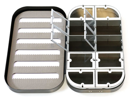 The Cathcart Elliot Personalised Black Aluminium Fly Box for Dry & Wet Flies features foam slots and clear compartments with hinged lids—an engraved fishing gift perfect for fly fishers.