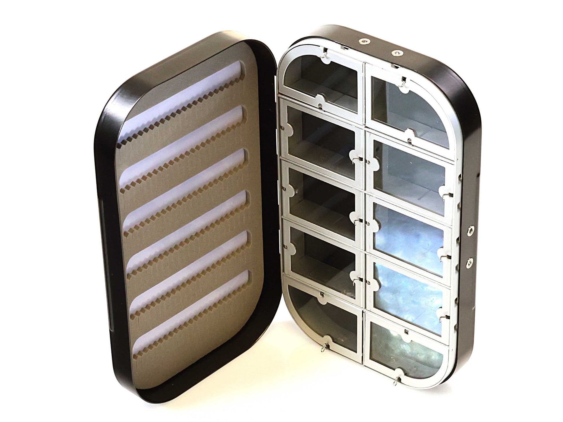 The Cathcart Elliot Personalised Black Aluminium Fly Box for Dry & Wet Flies is open, revealing six fly rows and nine clear compartments—a stylish, engraved fishing gift.