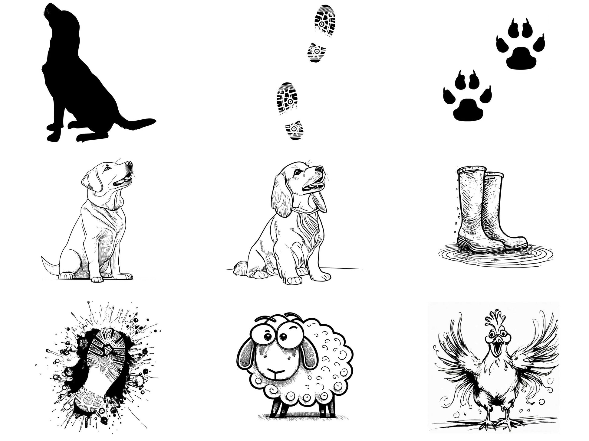 A 3x3 grid of black-and-white sketches: dog silhouettes, paw prints, boot prints, rain boots, a Cathcart Elliot Personalised cedar wood boot jack 18mm thick, splattered boot print, cartoon sheep, and a flapping chicken.