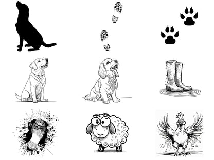 A 3x3 grid of black-and-white sketches: dog silhouettes, paw prints, boot prints, rain boots, a Cathcart Elliot Personalised cedar wood boot jack 18mm thick, splattered boot print, cartoon sheep, and a flapping chicken.