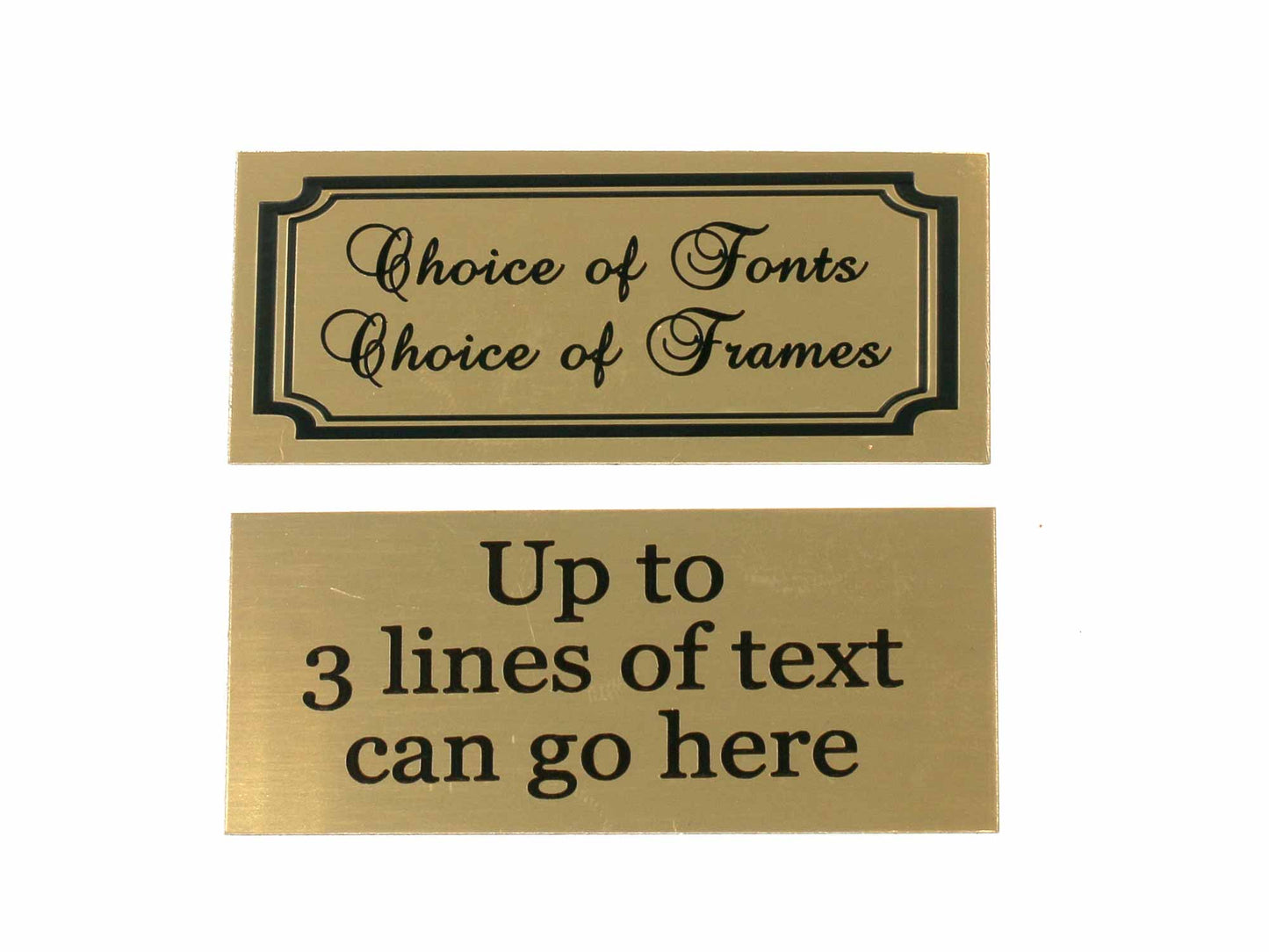 The image displays two Brass Effect Aluminium Plaques from Cathcart Elliot. The top plaque states Choice of Fonts Choice of Frames with a decorative border, while the bottom plaque reads Up to 3 lines of text can go here. These self-adhesive plaques offer free personalized text engraving.