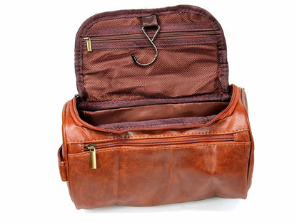 Brown PU leather Water Resistant Washbag with Hanger Hook