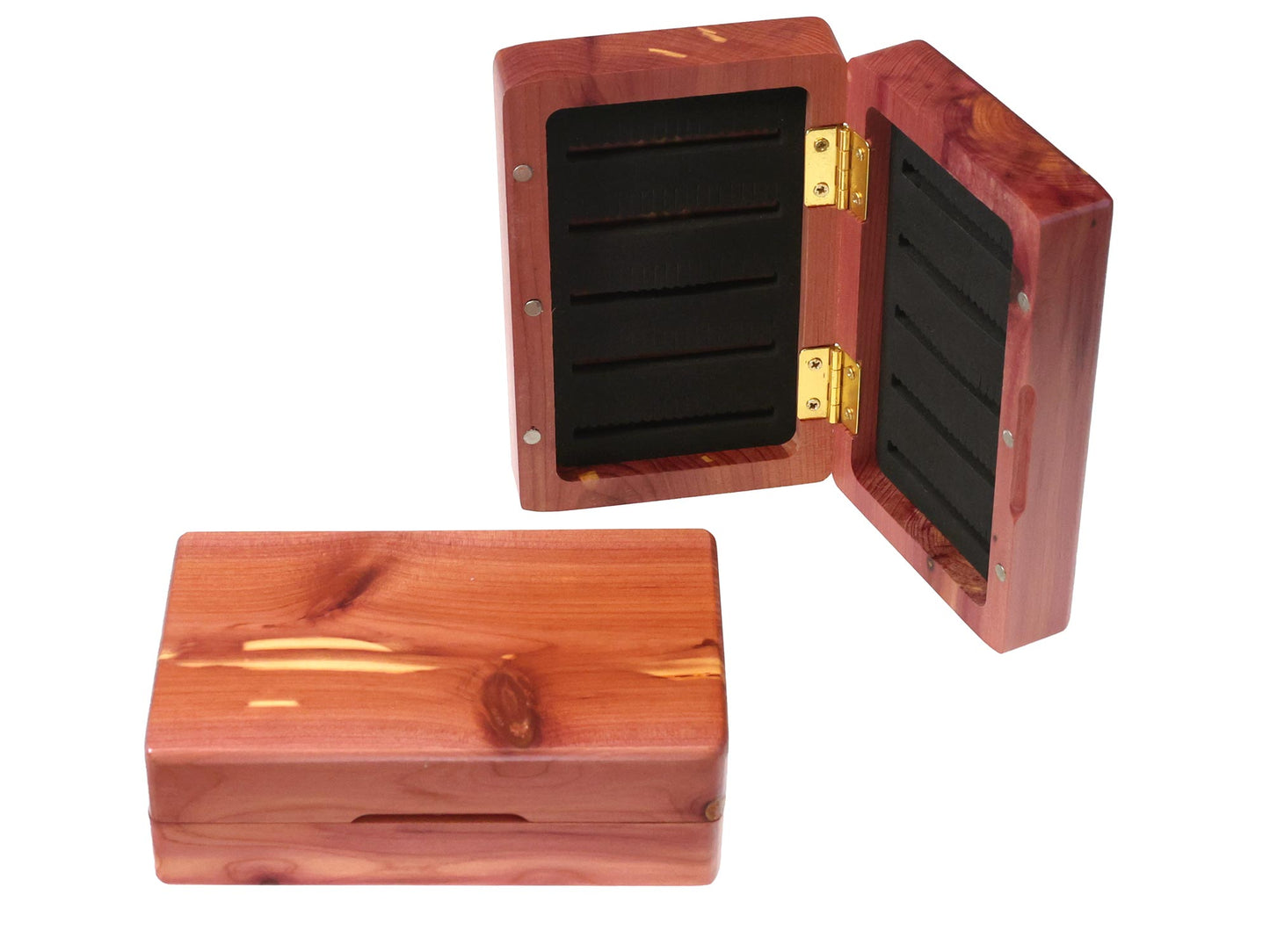 An open, pocket-sized Cathcart Elliot Personalised Cedar Wood Fishing Fly Box reveals black foam-like slots inside for neatly organizing fishing flies. Beside it, another of these rustic handcrafted boxes is shown closed. Both feature a polished cedar wood finish, making them an ideal personalised gift for anglers.