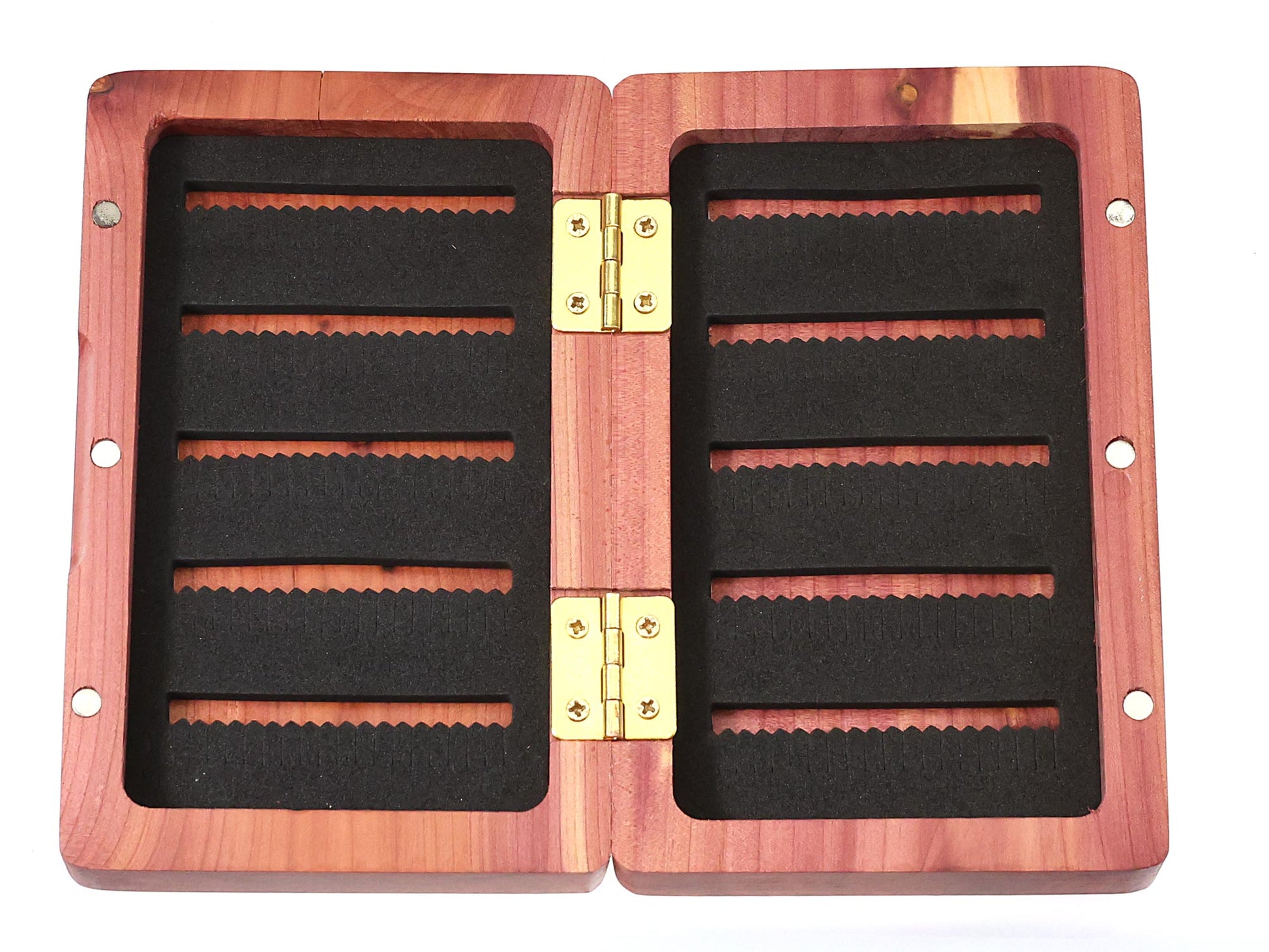 A handcrafted cedar wood fishing fly box by Cathcart Elliot, pocket-sized and rustic in design, features brass hinges and black foam inserts with multiple horizontal slots—perfectly personalised for anglers as an ideal gift for organising fishing flies or small items.