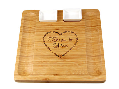 Personalised large 33cm x 33cm bamboo Cheeseboard and platter server board with 2 dishes by Cathcart Elliot