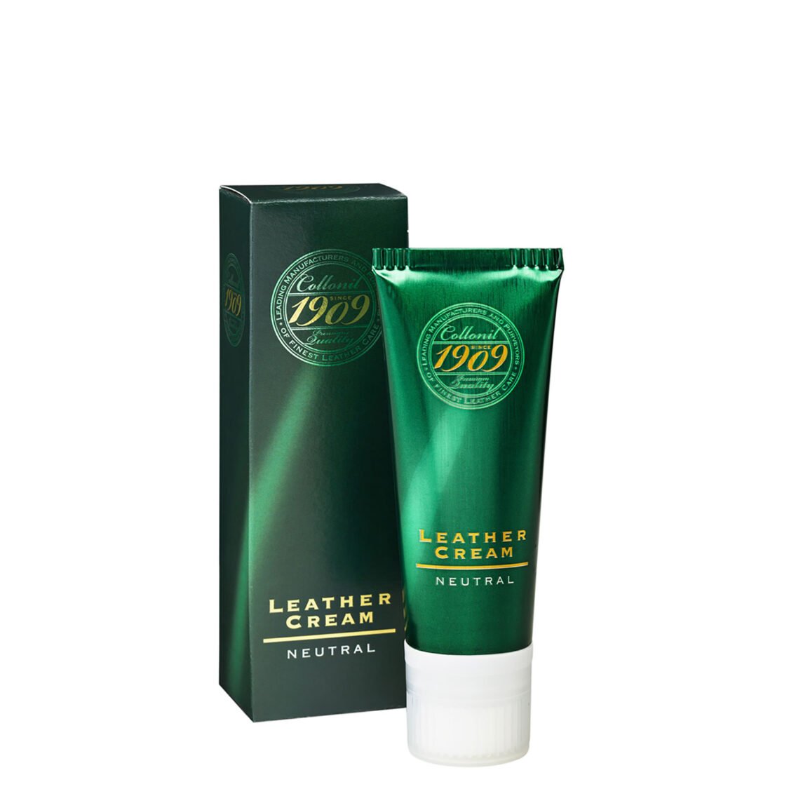 A green tube of Cathcart Elliots Collonil 1909 Leather Cream in Neutral sits beside its matching box, both adorned with elegant gold and green designs. They emphasize Leather Cream as a luxurious, nourishing treatment for leather products.