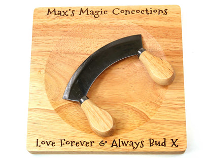 Personalised mezzaluna wooden herb chopping board