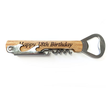 The Cathcart Elliot Personalised Wine Corkscrew and Bottle Opener with beech wood handle is engraved with "Happy 18th Birthday"—an ideal gift for memorable celebrations.