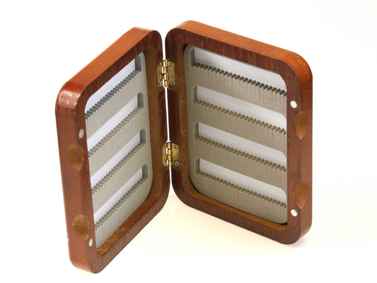 The Cathcart Elliot Personalised Wood Salmon / Trout Fly Box is a hinged, wooden case with internal grooves and a magnetic closure, shown open and empty against a white background.